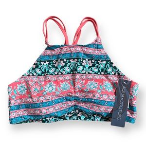 Aqua Couture Paisley Floral Multicolor Strappy High Neck Bikini Swim Top